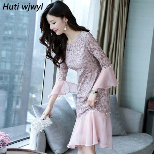 2021 Autumn Winter Plus Size Vintage Black Lace Midi Dresses Women Elegant Bodycon Dress Party Long Sleeve Pink Runway Vestidos