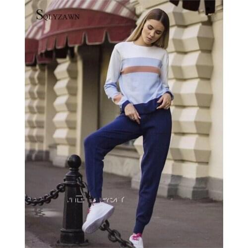 Autumn Tracksuit Women Two Piece Set Casual Color Block O-neck Knit Long Sleeve Sweater and Pencil Pant Suits Casual Sports wear