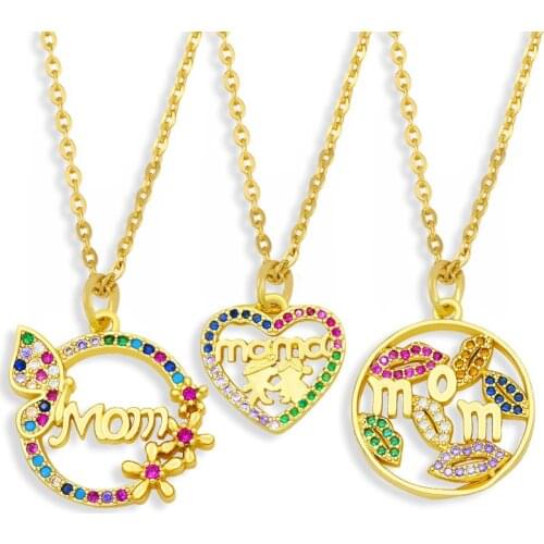 EYIKA Lovely Rainbow Zircon Mama Mom Letter Heart Pendant Necklace Gold Color Boy Girl Lips Collier Charm Mother Family Jewelry