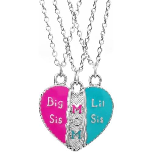 Mother Daughter Necklace Heart Shaped 3 Pieces Mom Big Sis Little Sis Necklace Set for Mothers Day Two Girls Jewelry Gift