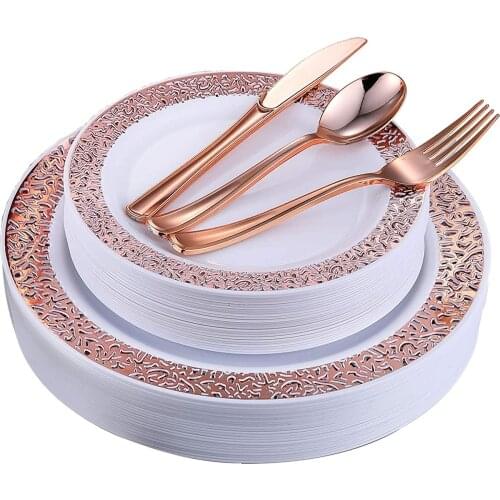 150PCS Rose Gold Plastic Plates with Disposable Plastic Silverware,Lace Design Plastic Tableware Sets for all Holidays Occasions