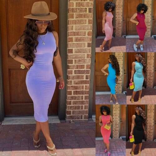 Echoine Sleeveless Midi Dress Summer Skinny Bodycon Vintage Dresses Elegant Solid Fitness Party Clubwear Vestidos Sundress 2021