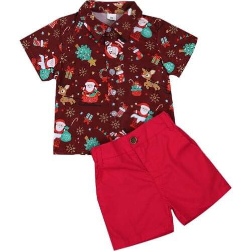 Toddler Baby Boy Christmas Clothes Set Kids Short Sleeve Santa Print Shirts Red Shorts Gentalmen Suit 2-6Years