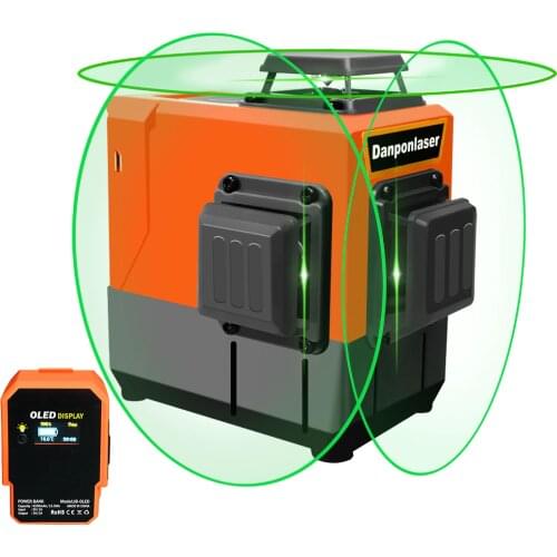 DANPON Self-Leveling Laser Level 3 x 360°,Green Line Laser,Cross Line,Rechargeable OLED Power Bank Wall Bracket Included,VH-3D