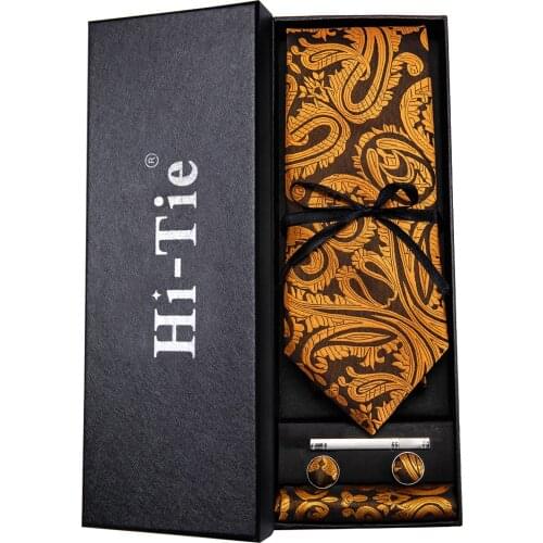 Hi-Tie HB-988 Glod For Men Silk Woven Ties Solid Paisley Cravat Necktie Set Cufflinks Tie Clip Gift Box for Husband Male