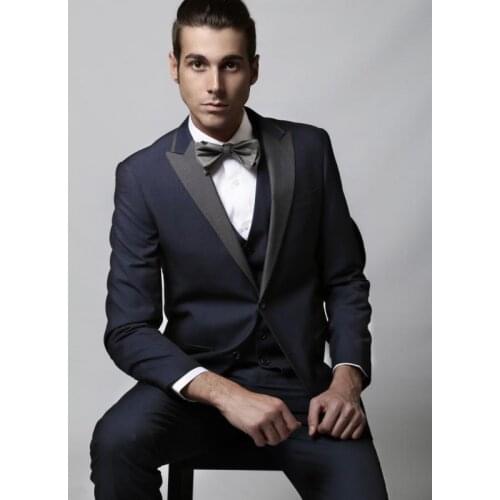 New Arrival Groom Tuxedo Navy Blue Groomsmen Peak Lapel Wedding/Dinner Suits Best Man Bridegroom (Jacket+Pants+Tie+Vest)B399
