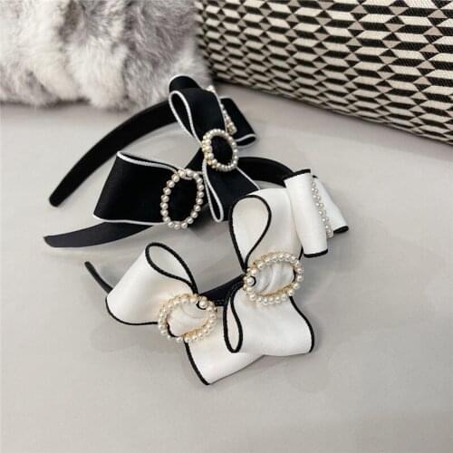 Fabric Hairband For Women Hair Accessories Wide Bow Knot Black White Pearl Headband Girls Korean Fashion Head Wrap Wholesale