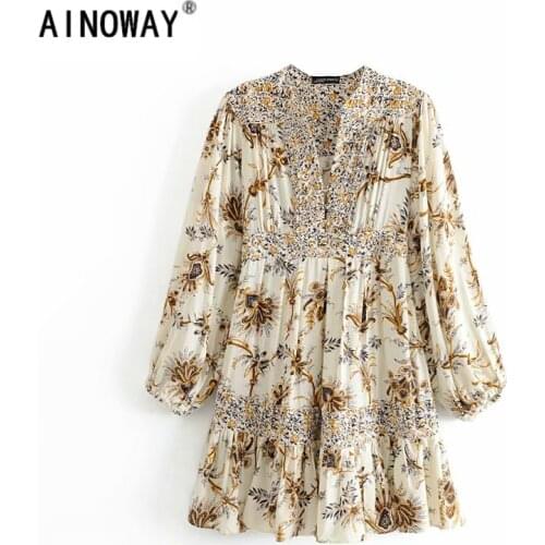 Vintage chic women lace-up floral print beach Bohemian mini dress Ladies Summer rayon Boho dress vestidos