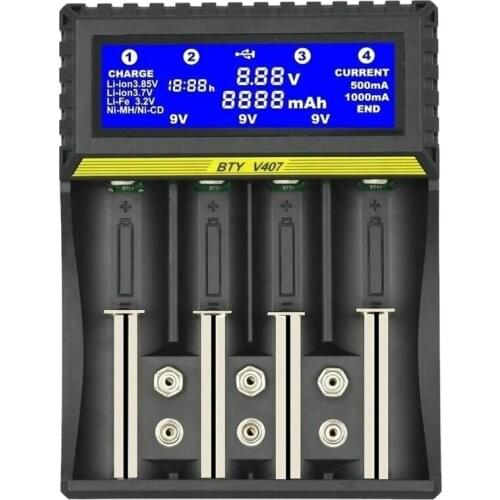 BTY-V407 Battery Charger Li-ion Li-fe Ni-MH Ni-CD Smart Fast Charger for 18650 26650 6F22 9V AA AAA 16340 14500 Battery Charge