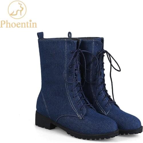 Phoentin ladies lace-up denim mid-calf boots med flat with heel blue short womens winter boots jeans adhesive women shoes FT155