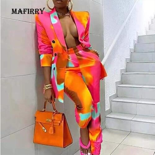 Office Lady Button Blazer Lapel Two Piece Set Women Casual High Waist Pants Slim 2PC Suit Long Sleeve Colorful Print Blazer Sets