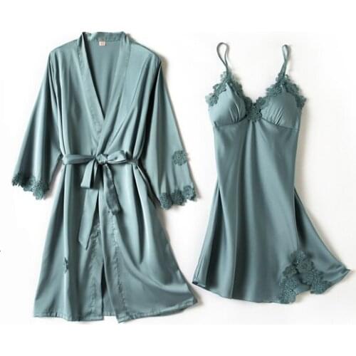 Pyjama Gown Set Women 2 PCS Nightshirts V-Neck Pajamas Silky Print Sleepwear Spring Sleep Robe Wear Home Suit Negligee Homewear