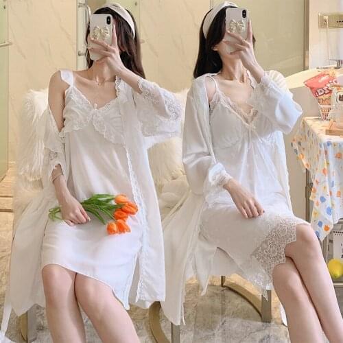 2PCS Sexy Lace Lingerie Nightgowns Robe Sets for Women Korean Summer Silk Satin Bathrobe Sleepwear Nightdress Night Dress Nighty