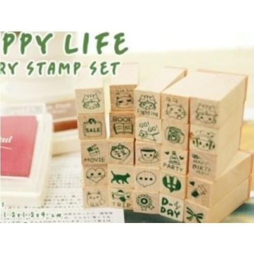 25PCS/set New creative cute Happy Life series DIY Multifunction wooden stamp set/funny stamp Zakka office and school supplier