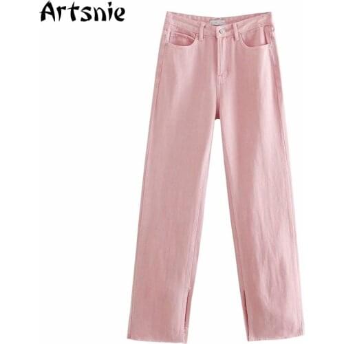 Artsnie Vintage Split Straight Denim Pants Women Autumn 2021 High Waist Jeans Streetwear Pink Casual Ladies Long Pants Female
