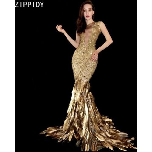 Sparkly Gold Stones Feather Tail Dress Birthday Celebrate Floor-length Dress Spandex Costume Women Singer Show Long Dresses