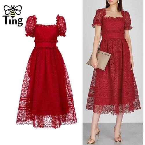 Tingfly Vintage Elegant Design SP Lace Dresses Puff Sleeve Party Birthday Midi Long Dress Summer Lace Red Vestidos Zaful SP Robe