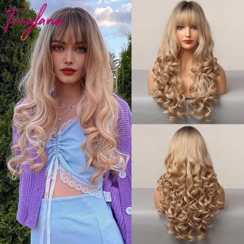 TINY LANA Long Ombre Brown Blonde Highlight Deep Wavy Wigs with Full Bangs Synthetic Wigs For Women Cosplay Party Heat Resistant