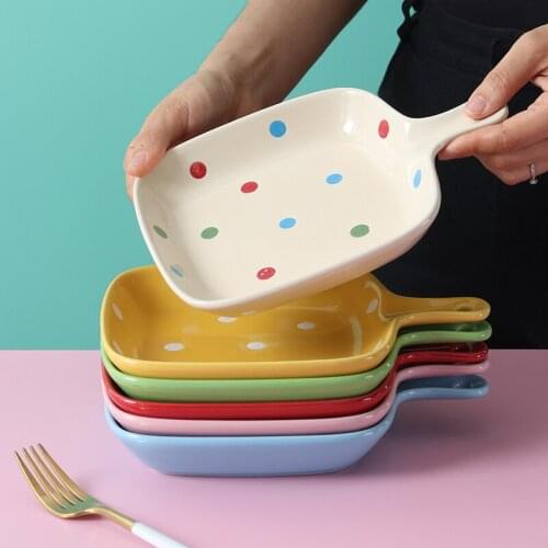 Ceramic plate with handle snack plate dessert plate baking tableware American wave point plateCreative wave point handle plate