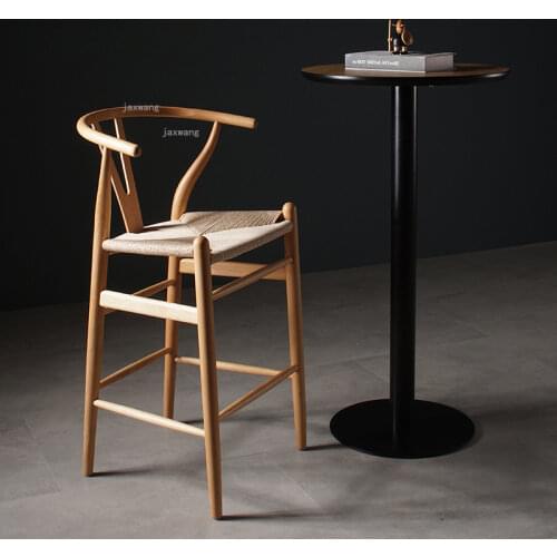Chinese Solid Wood Restaurant Bar Chairs Modern Minimalist Home Backrest Armchair Nordic Living Room High Bar Chair with Armrest