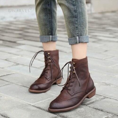 Handmade Leather Martin Boots Block Carving Brogue Ankle Boot For Women Black/Coffee