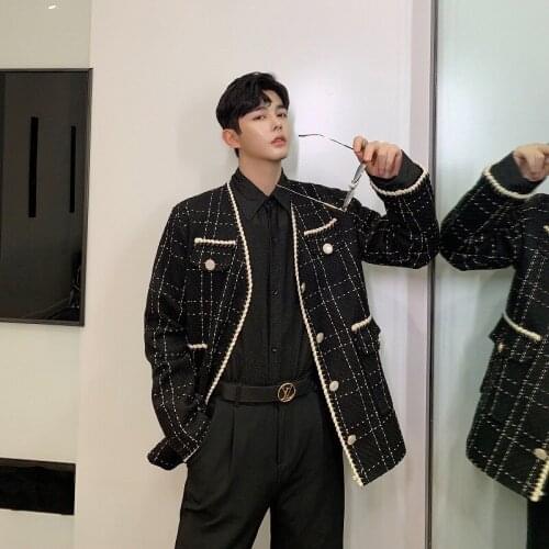Autumn Loose Weaving Plaid Blazer Jacket Male Women Terno Masculino Streetwear Vintage Fashion Casual Suit Coat Outerwear Men