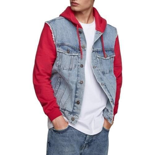 Cut and sew fabric block streetwear jacket jean denim hoodie for men
