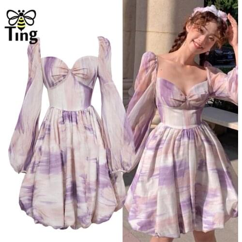 Tingfly Summer Designer Fashion New Purple Tie Dye Dress Party Night Dresses A Line Sweet Girl Elbise Korean Fashion Clothing