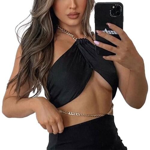 Sexy Ladies Metal Chain Halter Tank Top Women Sleeveless Backless Bandage Crop Top Holiday Casual Solid/Plaid Camis Streetwear