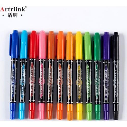 Wholesale 12pcs colored Dual Tip fast dry permanent sign marker pens for fabric metal quality fineliner for drawing