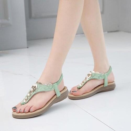 Summer retro beach shoes woman 2021 new fashion beaded women shoes clip toe sandals women solid color shoes female plus size