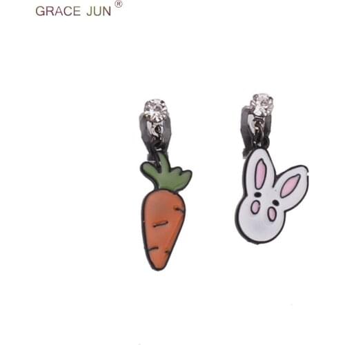 GRACE JUN New Vintage Style Rhinestone Enamel Rabbit Carrot Cartoon Clip on Earrings No Pierced for Women Gorgeous Ear Clip Gift