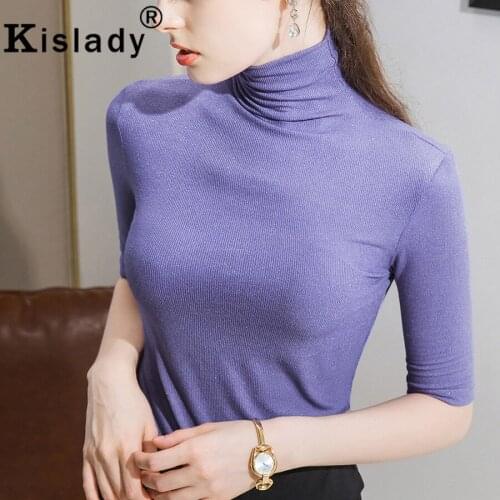 Spring Autumn Women Turtleneck Solid Gothic Shirt Sexy OL Tops Harajuku Half Sleeve Shirt Korean Vintage Twill Plus Size Clothes
