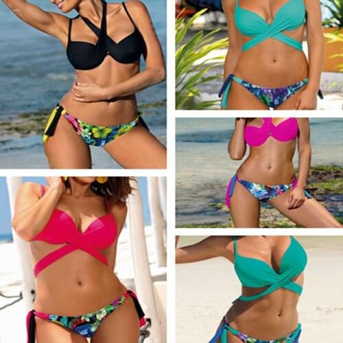 Two Piece Dual Use Floral Swimwear Womens Summer Swimsuit Set Sexy Cross Tie Up Bikini Tops Bottom Bathing Suit