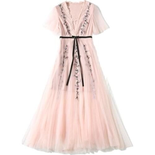 BunniesFairy 2021 Summer Bohemian Boho Women Flower Floral Embroidery Mesh Dress Elegant Fairy Girl Tutu Robe Vestido Pink Black