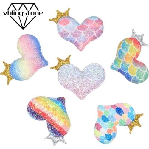 10Pcs Heart with Crown Patches Colorful Patch For Baby Clothes DIY Girls Hair Clips Glitter Leather Paded Patches Sew On Clothes
