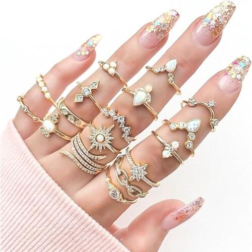 17 Styles Vintage Gold Silver Color Star Moon Rings Set For Women Boho Knuckle Finger Ring Female Bohemian Jewelry Accessories
