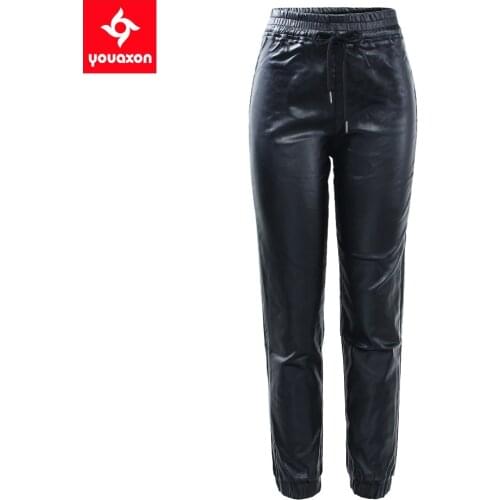 2242 Youaxon New Black High Waist PU Fleece Pants Women`s Fashion Elastic Waist Wide Leg Ankle Length Trousers Jeans For Women