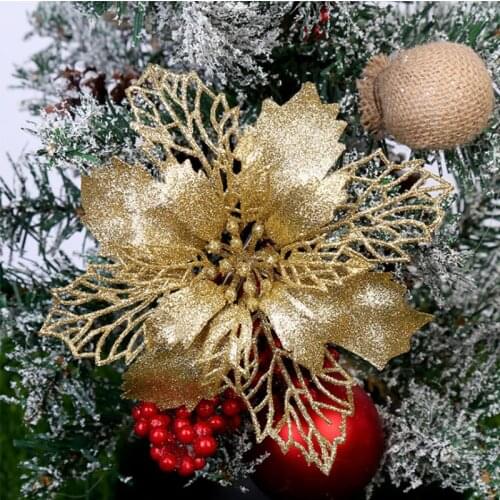 5pcs Glitter Artificial Flowers Red Gold Christmas Flowers Tree Decoration Ornaments Fake Flower for Xmas New Year Decor 9CM