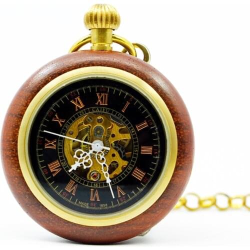 Retro New Steampunk Archaize Wood&Bronze Roman Number Pendant Mechanical Pocket Watch Men Women'Gift