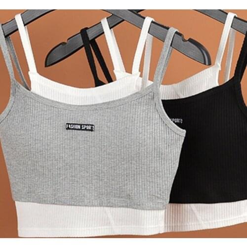 Women Contrast Color Fake 2pcs Camisole Letters Label Ribbed Spaghetti Strap Slim Crop Top Harajuku Casual Bustier Vest