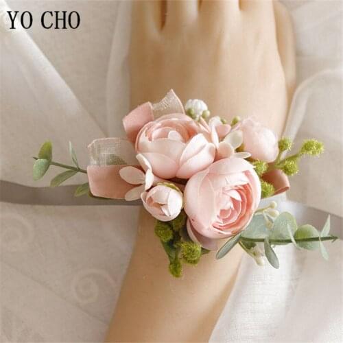 Artificial Silk PInk Roses Wrist Corsage Bridesmaid Bracelet Flowers Man Wedding Boutonniere Witness Buttonhole Suit Accessories