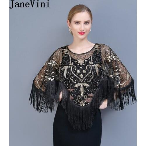 JaneVini 2020 Fashion Black and Gold Sequins Wedding Capes Luxury Beading Women Pullover Tassel Party Bridal Wrap Jacket Boleros