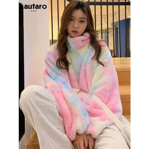 Lautaro Winter Zip Up Colorful Rainbow Faux Fur Coat Women Oversized Warm Soft Kawaii Fluffy Jacket Tie Dye Korean Fashion 2021