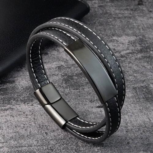 Multi-layer Hand-woven Gold Steel Black Mens Leather Stainless Steel Bracelet DIY Size Carved Logo For Surprise Birthday Gift