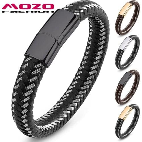 MOZO FASHION New Charm Magnetic Multi Color Men Wire & Leather Braided Rope Bracelet Trendy Unisex Jewelry Gifts 008