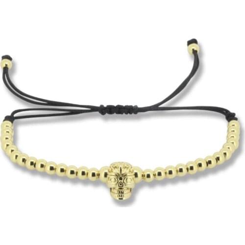 Men Bracelets 2017 Bracciali Pulseras Jewelry 24K Gold 3mm Copper Beads & Braiding Macrame Skull Head Charm Bracelet