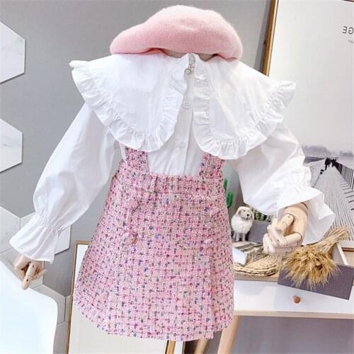 2020 New Autumn Item Girl Fashion Suit Including Long Sleeve Blouse+Plaid Suspender Dress 2pcs Per Set