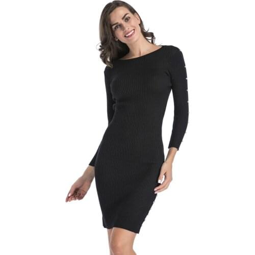 MODX 2021 Autumn Knit Solid Color V-neck Bodycon Mini Dress Women Elegant Long Sleeve Stretch A-line Casual Rivets Base Dress