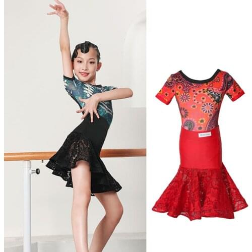 Girls Latin Dance Competition Dress Short Sleeve Backless Lace Skirt Green/Red Ballroom Dance Stage Performance Costumes DWY6227